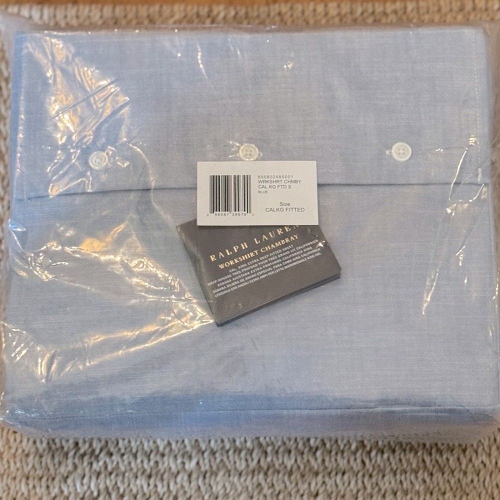 Ralph Lauren Fitted Sheet California King Blue Extra Deep Workshirt Chambray New - Picture 5 of 5